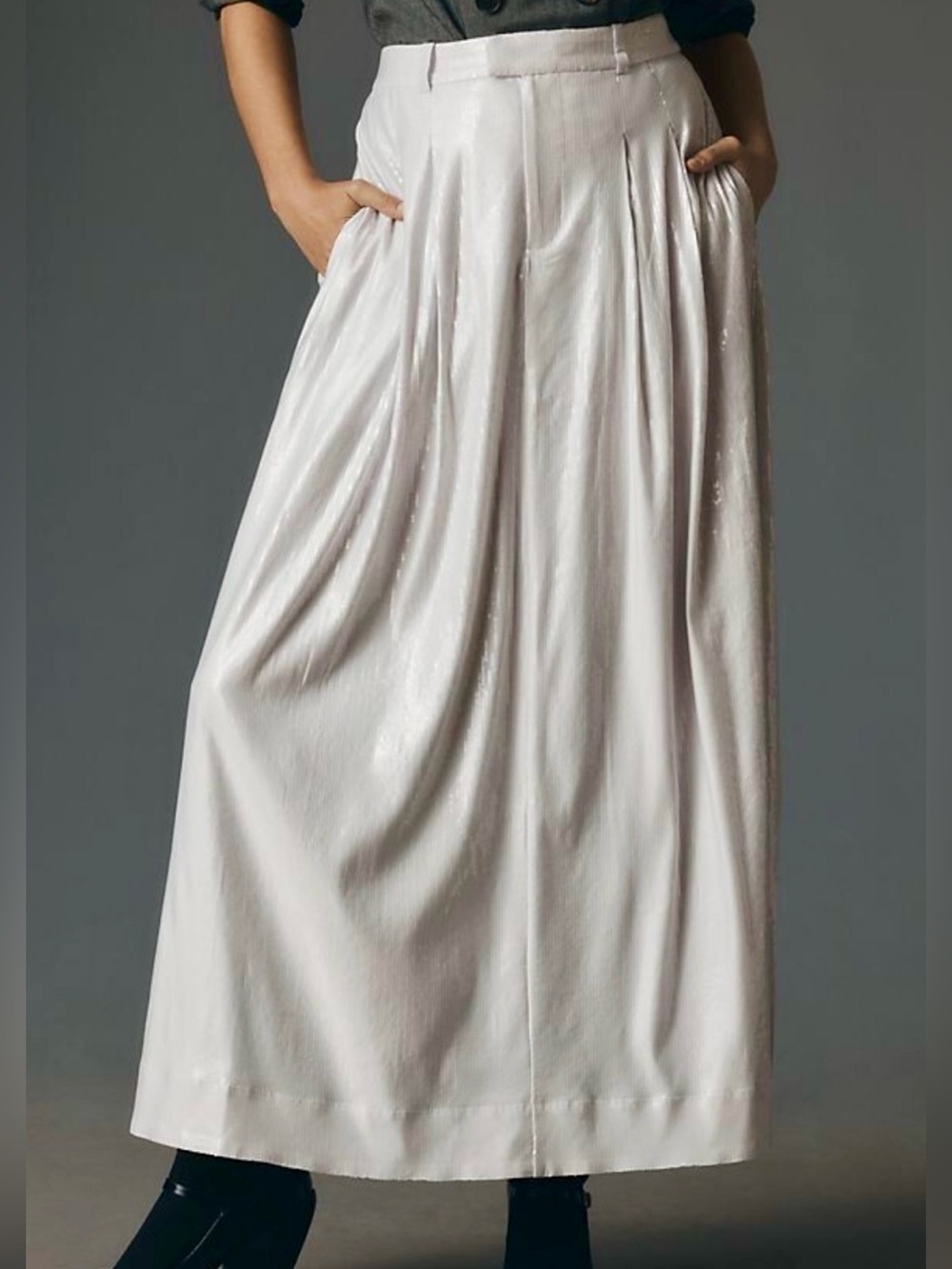 Avery Pleated Maxi Skirt by Maeve, featuring a silver sequin finish Size 2
